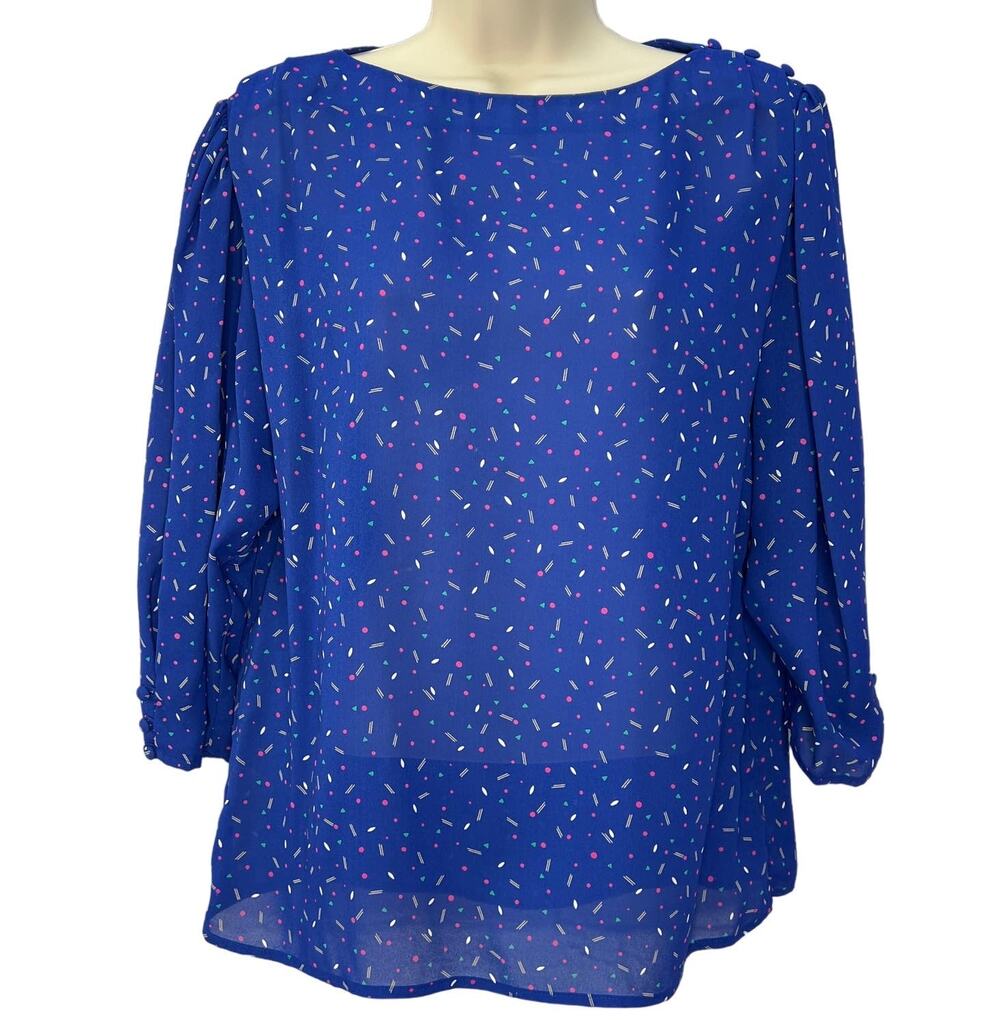 Vintage Josephine Blouse 3/4 Sleeve Blue Dot Size 14 Shoulder Button Detail